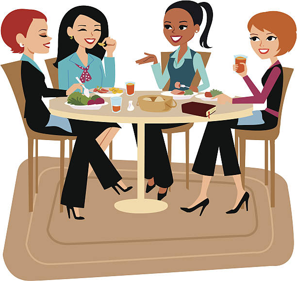 Women Having Lunch Together Illustration of women of varied ethnic backgrounds having dinner or lunch together. Cartoon image of a group of people discussing issues, or having a business meeting. Included in this illustrations there are four cartoon characters. Blonde girl, african american, hispanic and redhead.  older woman stock illustrations