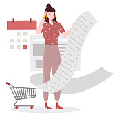 women hold big long bill shopping dizzy background of trolley calendar mark with flat cartoon style vector design illustration