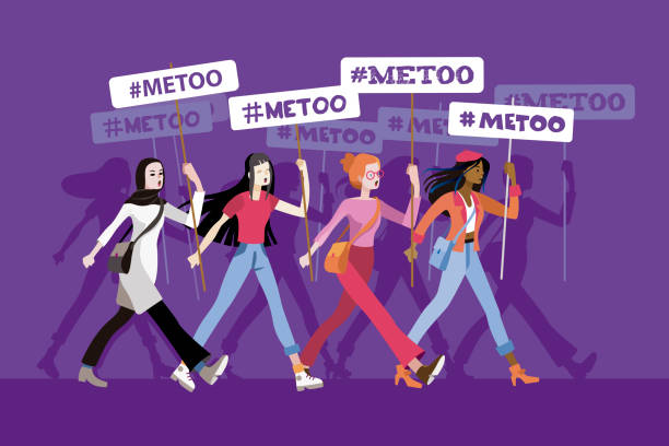 Women in a metoo march Group of women from different ethnic groups march, protesting and displaying metoo banners. Women vindicating their rights. me too social movement stock illustrations