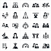 A set of icons showcasing women in business or the workforce. The icons specifically highlight gender equality as well as inequality that exists between men and women in leadership roles.