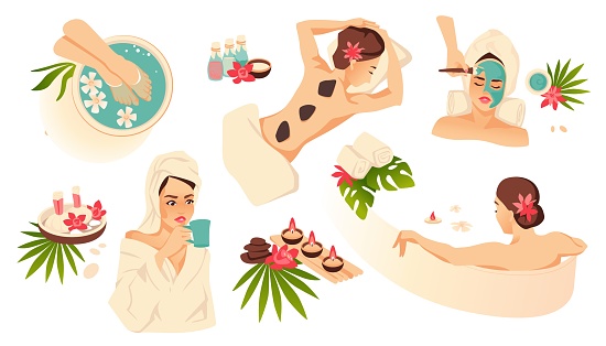 Women in spa. Massage, wellness and treatment procedures. Female skin care and wellbeing. Face masks and relaxing aroma bathes. Tropical palm leaves and flowers. Vector cosmetology set