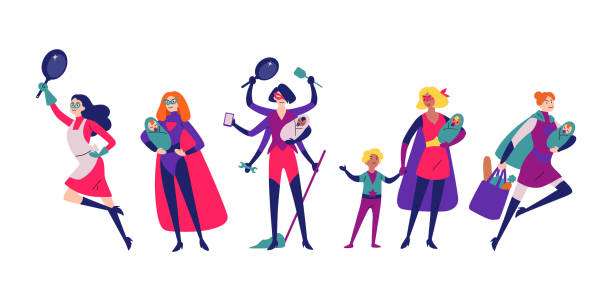 Women in superhero costumes do housework, cleaning, and raising children. Women in superhero costumes do housework, cleaning, and raising children. superwoman stock illustrations