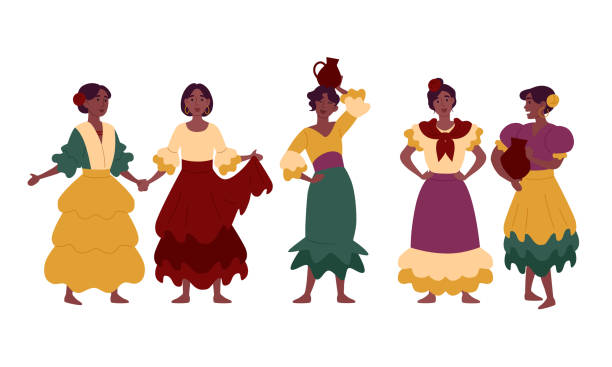 Women in traditional national dresses, festive clothes Women in traditional national dresses, festive clothes peru woman stock illustrations