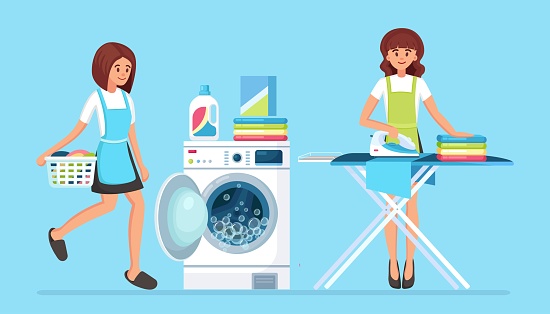 Women ironing clothes on board, girl with basket. Daily routine, domestic work. Washing machine with detergent Housewife wash with electronic laundry equipment for housekeeping. Vector illustration