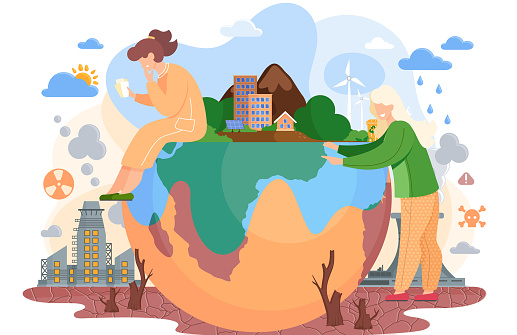 Women near the globe with green trees surrounded by lifeless land with cracks, environmental pollution theme with stumps of cut trees to build cities, factories pollute the air with smoke flat vector