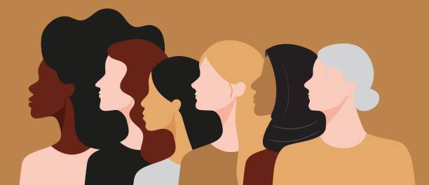 Women of different races and age standing together Women of different races and age standing together. Profile silhouettes of female characters with various skin colors and hair styles. Minimal flat style illustration. Feminism movement concept feminist background stock illustrations