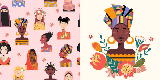 Women of the world. Women of different nationalities. Seamless pattern. Vector illustration. Seamless pattern on a light pink background. Portraits of women of different nationalities, different races. Vector illustration of an African woman with flowers. cute arab girls stock illustrations
