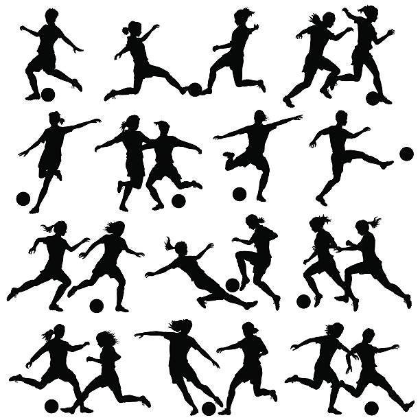Women playing football Set of eps8 editable vector silhouettes of women playing football with all figures as separate objects soccer silhouettes stock illustrations