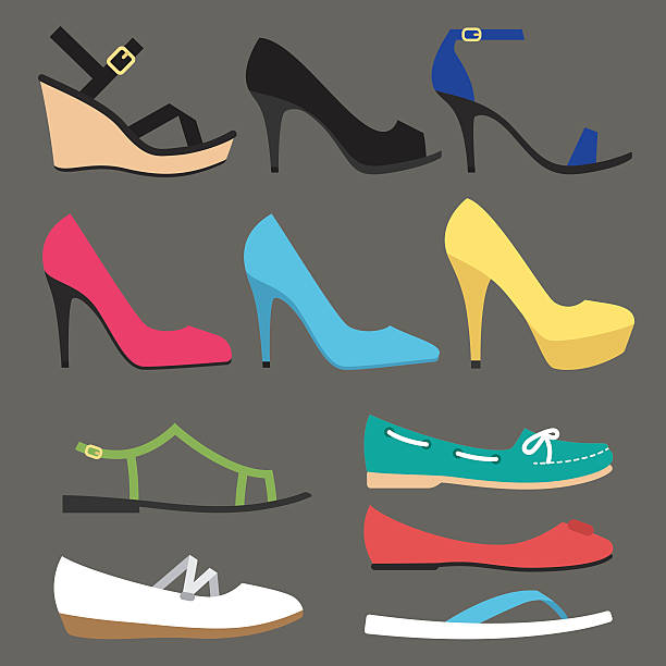 Women shoe types Vector various types of woman summer shoes. Flat style. Side view. high heels stock illustrations