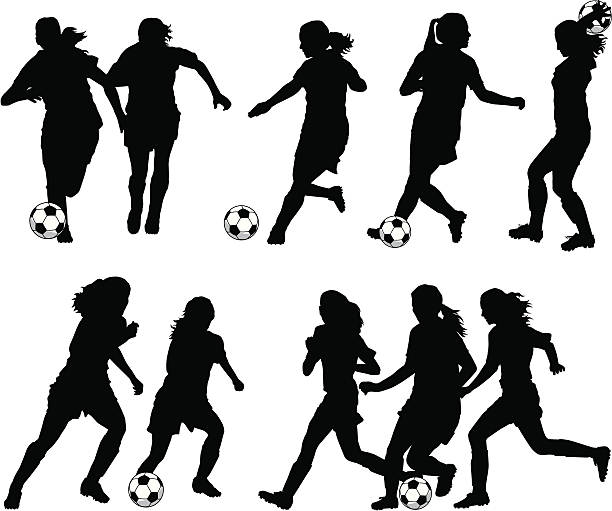 stockillustraties, clipart, cartoons en iconen met women soccer player silhouettes - voetbal meisje