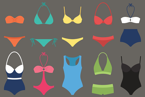 Vector various types of woman swimsuits. Flat style.