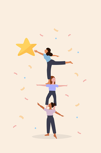 Women teamwork, good collaboration, strong partnership can help create strength to reach goal and target, women colleague do pyramid acrobat to support others to reach star, prize and win competition.