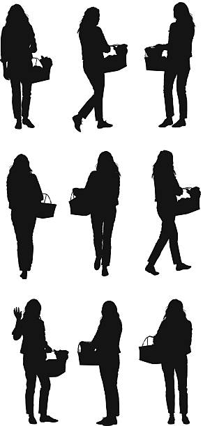 Women with basket Women with baskethttp://www.twodozendesign.info/i/1.png supermarket silhouettes stock illustrations