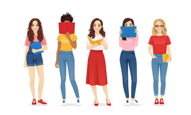 Women with books vector art illustration