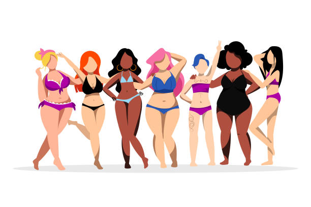 Women with different figures, skin colors. Body positive concept. Vector flat illustration. Plus size girls in bikini Happy women with different figures and skin colors. Body positive concept. Vector flat illustration. Plus size cartoon girls in bikini swimsuits. cartoon of fat lady in swimsuit stock illustrations