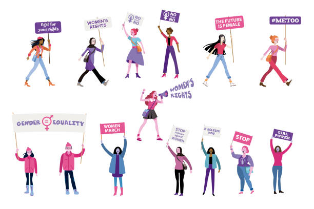 Women with feminist banners Women's characters with feminist banners. protesting and vindicating their rights holding banners and placards. Different messages for equal rights. Woman power concept. me too social movement stock illustrations
