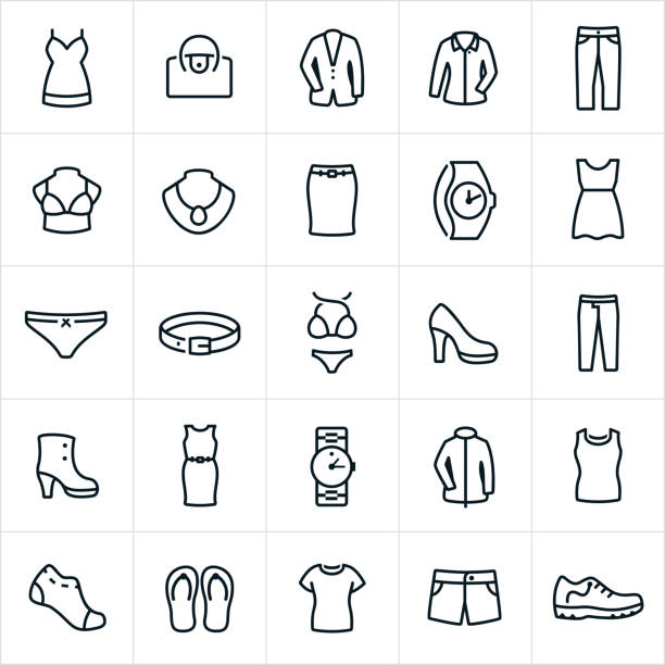 Womens Clothing Icons A set of women's clothing icons. The icons include dresses, purse, suit coat, dress shirt, pants, dress pants, bra, underwear, jewelry, skirt, watch, belt, swimsuit, dress shoe, boot, jacket, t-shirt, sock, sandals and shorts to name a few. womenswear stock illustrations