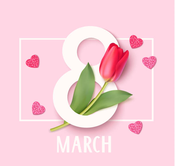 stockillustraties, clipart, cartoons en iconen met women's day 8 maart ontwerpsjabloon. decoratief nummer acht met eed tulpen. vector illustratie - womens day