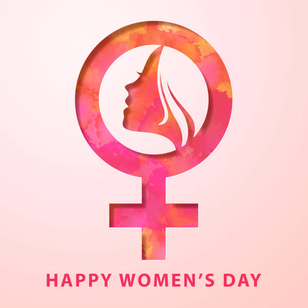 Celebrate the International Women's Day with paper craft of woman's head inside female gender symbol on the pink watercolor background