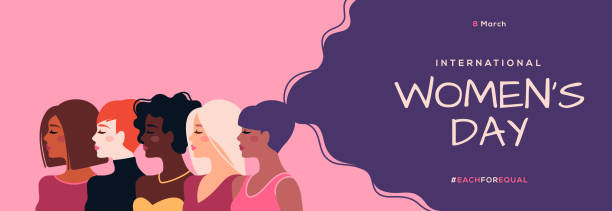 Womens day girls poster International Women's Day horizontal banner. Vector illustration. Woman of different nationalities. Struggle for freedom, equality and independence concept, 8 March. Female diverse faces beautiful woman stock illustrations