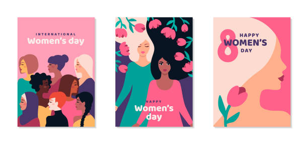 Womens day posters set International Women's day posters set. Background with different woman face and flowers. 8 March card, flyer, invitation or brochure cover template for empowerment movement. Vector illustration. women backgrounds stock illustrations