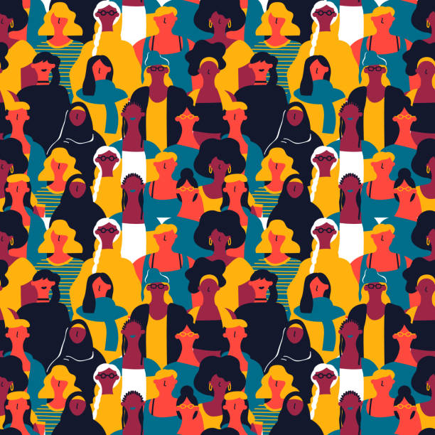 Womens Day seamless pattern of diverse woman faces International Womens Day seamless pattern of diverse women faces. Colorful girl group background for equal rights march, feminist protest event or diversity concept. women backgrounds stock illustrations