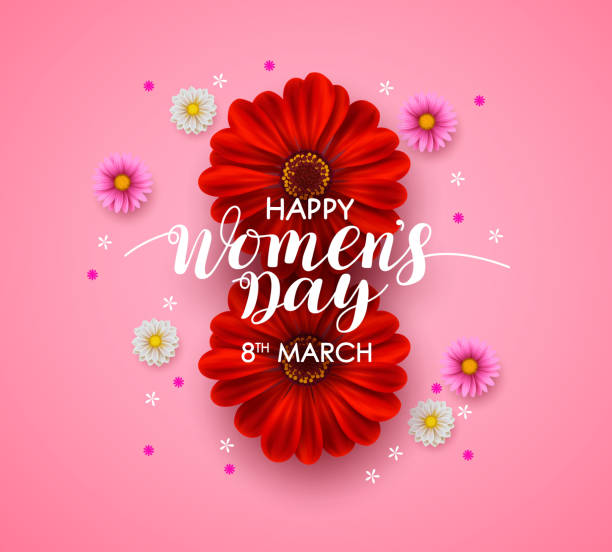 stockillustraties, clipart, cartoons en iconen met women's day vector wenskaart ontwerp. happy women's day tekst met kleurrijke bloemen in roze achtergrond - womens day poster