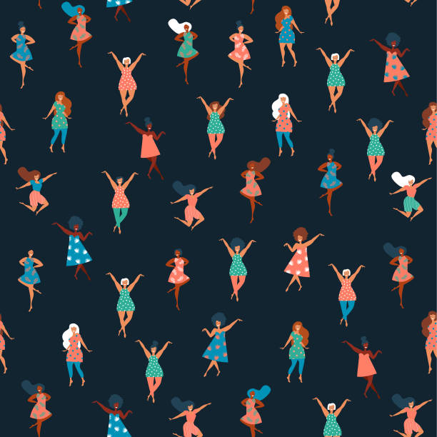 Women's Day International Women's Day. Vector seamless pattern with pink background, dancing women. Vector illustration. dancing designs stock illustrations