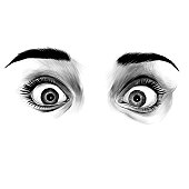 female eyes with emotion of surprise fright and surprise, sketch vector graphics monochrome illustration