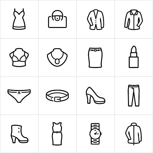 Womens Formal Wear Icons - Line Style Formal, clothing, women's, formal wear, accessories, business attire, icons, symbols. All lines are expanded and merged. womenswear stock illustrations