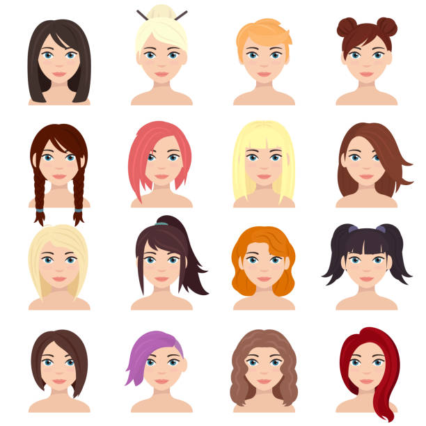 Women's hairstyles set. Long and short hairstyle. Character woman with various haircut and different hair color. Women's hairstyles set. Long and short hairstyle. Character woman with various haircut and different hair color. Isolated vector illustration short hair stock illustrations