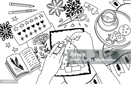 istock Women's hands glue a paper star on a New Year's card. Creative process. Handmade, creating Christmas decorations, congratulations and cards. Happy holiday. Flat style in vector illustration. 1425392144