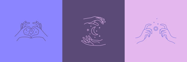 Women's hands logos in a minimal linear style. Vector emblems with hand gestures holding the moon, stars, camera, heart. Logos of women's hands in a minimal linear style. Vector emblems with hand gestures holding the moon and stars, camera, heart. For packaging cosmetics, beauty Studio, tattoo, Spa, photographer paranormal photos stock illustrations