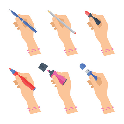 Women's hands with writing tools and office supplies set.