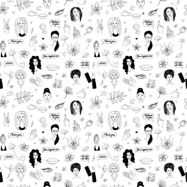 Women's International Day Girl power and support seamless pattern Women's International Day Girl power and support seamless pattern background. Vector illustration seamless pattern doodle icons in thin line art sketch style women backgrounds stock illustrations