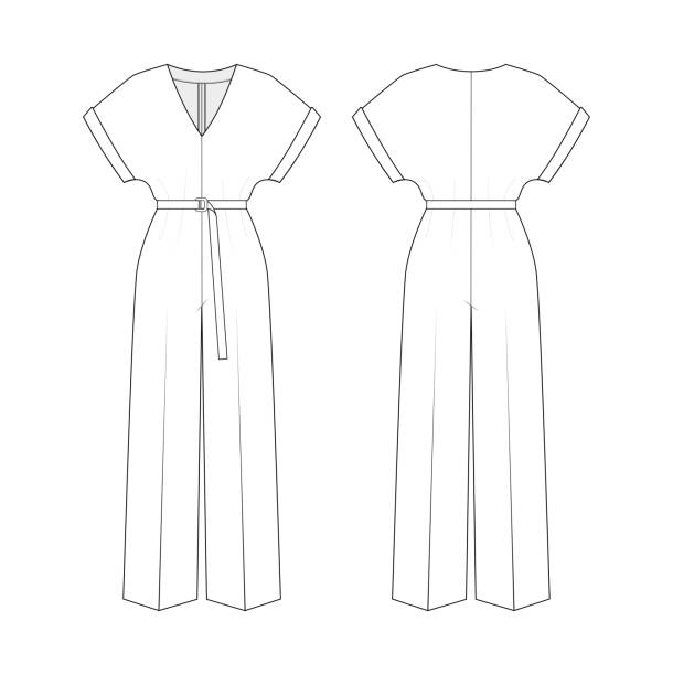 women's jumpsuit Fashion technical drawing of women's jumpsuit manufacturing silhouettes stock illustrations