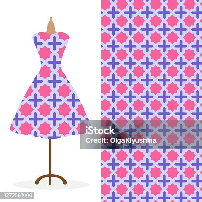 istock Womens long dress mock up with bright seamless hand drawn pattern for textile, paper print. Vector illustration 1272561440