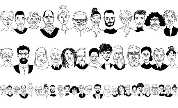 Women's men's head portraits line drawing doodle poster seamless border Young, middle age, senior adult women's men's portraits seamless pattern border frame background. Diversity multiracial, multiethnic crowd group of people. Hand drawn line doodle vector illustration businessman borders stock illustrations