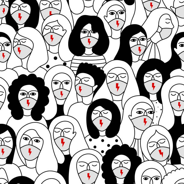 Women's protest. A group of women with masks and red lightning on it take part in a protest against the tightening of the abortion law in Poland. Women's protest. A group of women with masks and red lightning on it take part in a protest against the tightening of the abortion law in Poland. Vector seamless pattern isolated on white background. abortion protest stock illustrations
