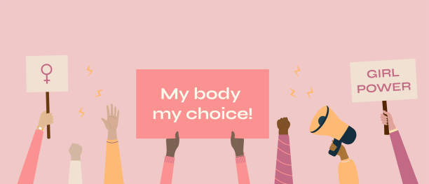 Women's Rights Poster. My Body My Choice Sign. Women's Rights Poster, Women's demanding continued access to abortion after the ban on abortions, Roe v Wade. Women's Rights to Abortion. Protest, Feminism Concept Placard abortion protest stock illustrations