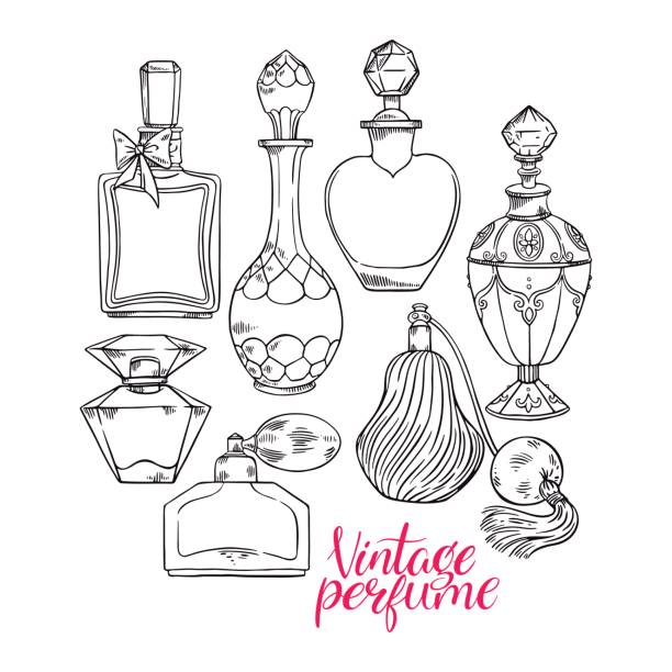 ilustrações, clipart, desenhos animados e ícones de womens esboçar os frascos de perfume - perfume