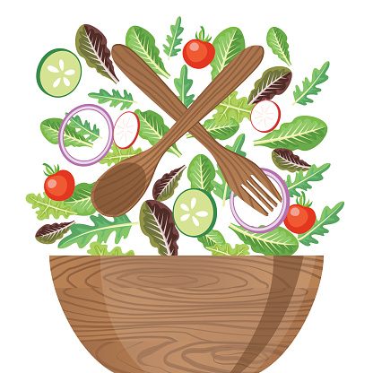 Wood Bowl Of Salad With Flying Vegetables