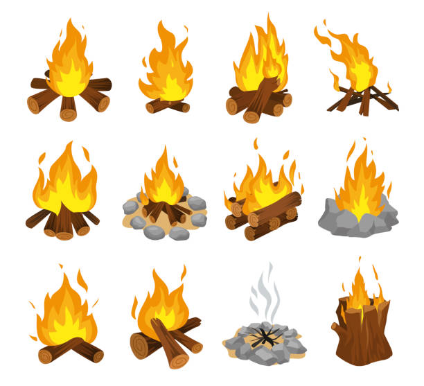 ilustrações de stock, clip art, desenhos animados e ícones de wood campfire set, travel and adventure symbol - incêndio fumo