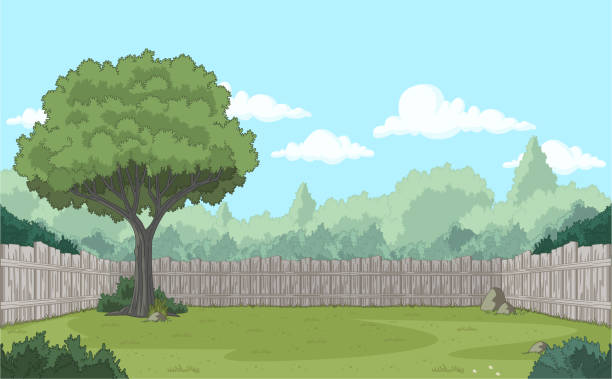 Wood fence on the backyard. Wood fence on the backyard. Green garden with grass, trees, flowers and clouds. garden stock illustrations