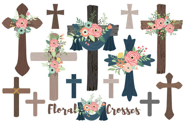 Wood Flowers Crosses for Baptism, Florals Cross and Holy Spirit A vector illustration of Wood Flowers Crosses for Baptism, Florals Cross and Holy Spirit. Perfect for invitation, web design, scrapbooking, papers, card making, stationery, card and many more. religious cross clipart stock illustrations