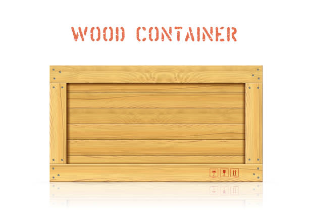 Wood simple vector container with planks and freight symbols Front view of wooden box. Crate for transportation realistic mockup. Fragile freight on white backdrop. Keep dry and on top marks on cargo. Timber cargo case for distribution crate stock illustrations