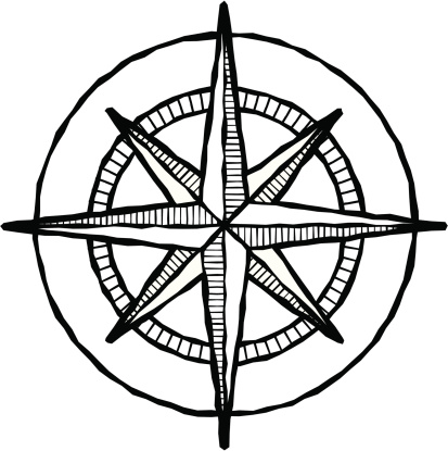 Vector illustration of a compass rose, done in a woodcut style.