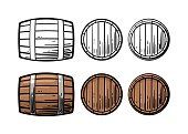 istock Wooden barrel front and side view engraving vector illustration 889684870