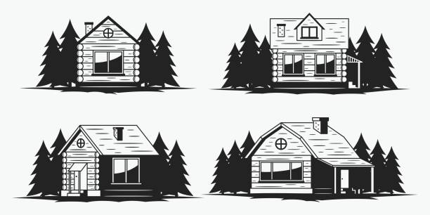 Wooden cabin icons Set of wooden cabin and ecological house icons and design elements log cabin stock illustrations