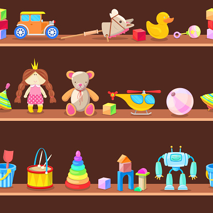 Wooden Cabinet With Kids Toys On Shelves Seamless Vector Background ...